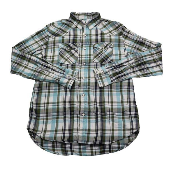 Old Navy Shirt Mens M Blue Green Plaid Pearl Snap Western Fit Button Up Dress - Picture 1 of 16